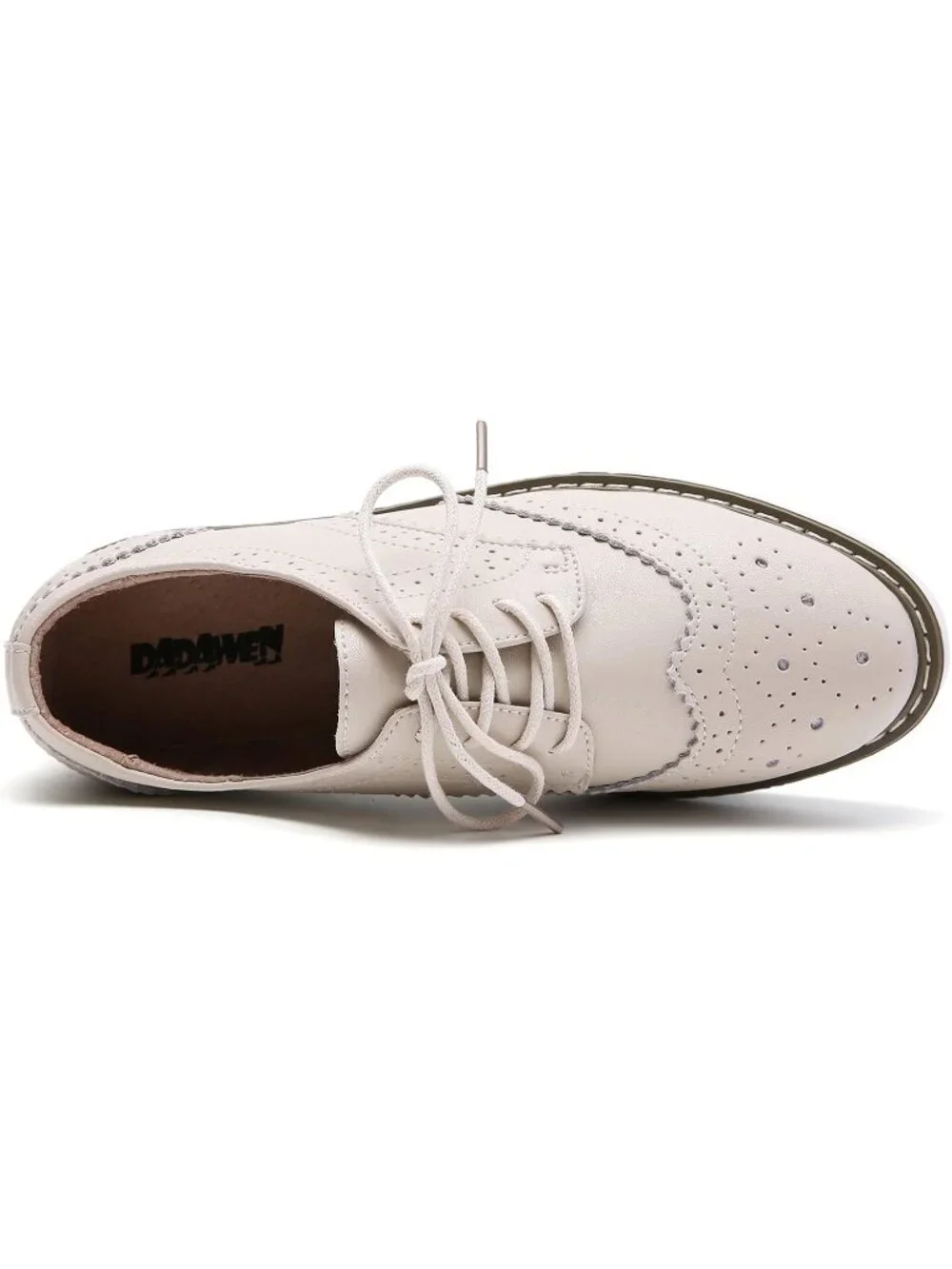 Women's Beige Round Toe Lace Up Leather Oxford Shoes Wingtip White Platform